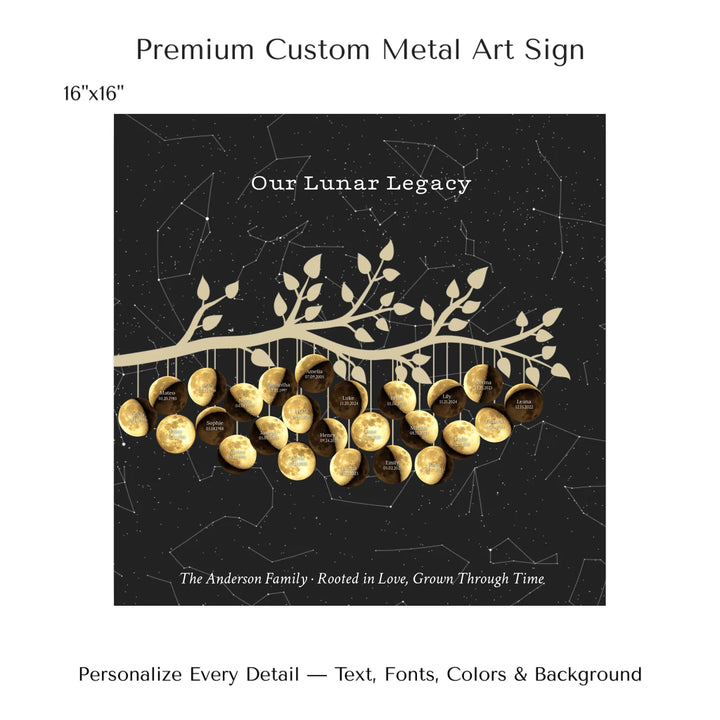 Custom Golden Moon Phase Family Tree Branch Wall Art -16x16 metal art sign-ARTFULANE