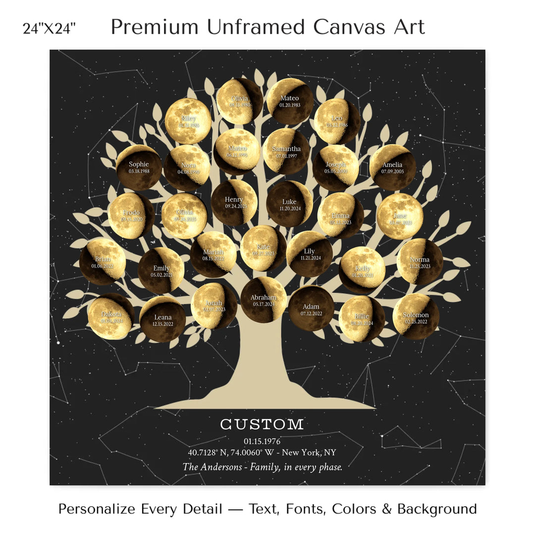 Custom Golden Moon Phase Family Tree Wall Art -24x24 stretched canvas-ARTFULANE
