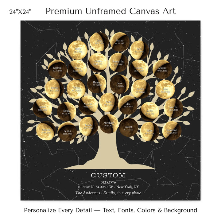 Custom Golden Moon Phase Family Tree Wall Art -24x24 stretched canvas-ARTFULANE