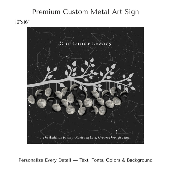 Custom Silver Moon Phase Family Tree Branch Wall Art -16x16 metal art sign-ARTFULANE