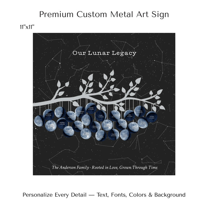 Custom Blue Moon Phase Family Tree Branch Wall Art -11x11 metal art sign-ARTFULANE