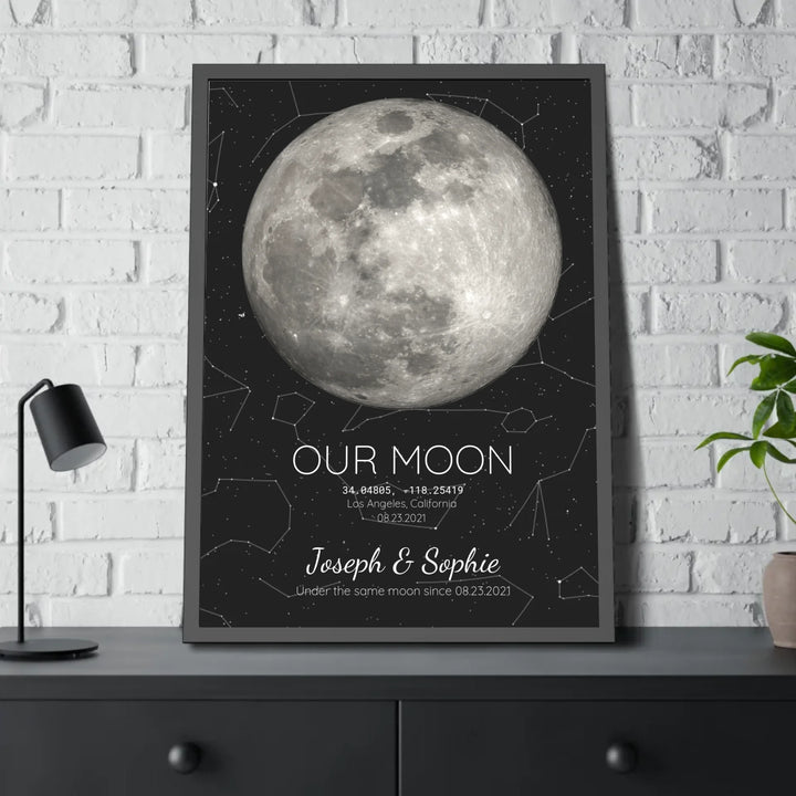 Custom Moon Phase & Star Map Wall Art - framed poster on table-ARTFULANE