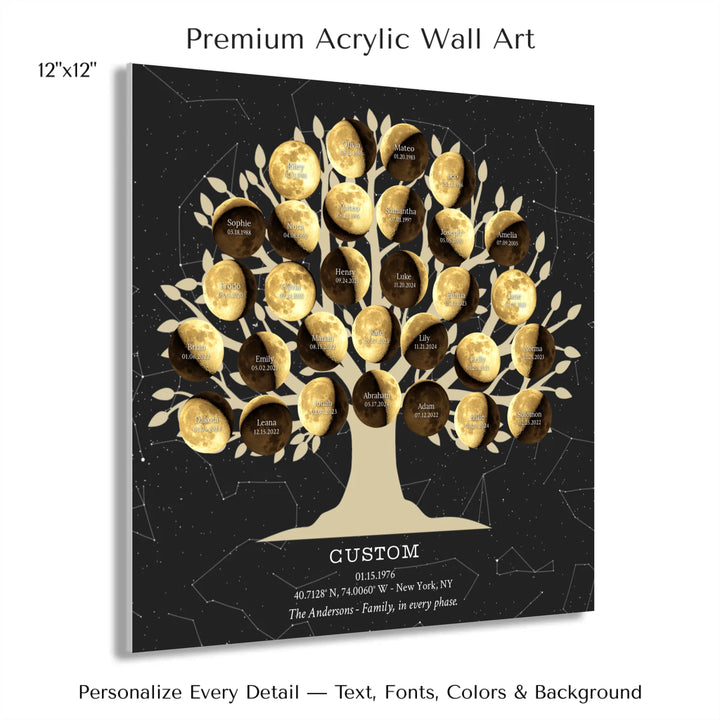 Custom Golden Moon Phase Family Tree Wall Art -12x12 acrylic print with french cleat-ARTFULANE