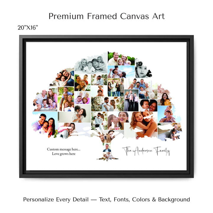 Custom Photo Family Tree Wall Art with personalized family photos and optional name and message-20x16 framed canvas-ARTFULANE