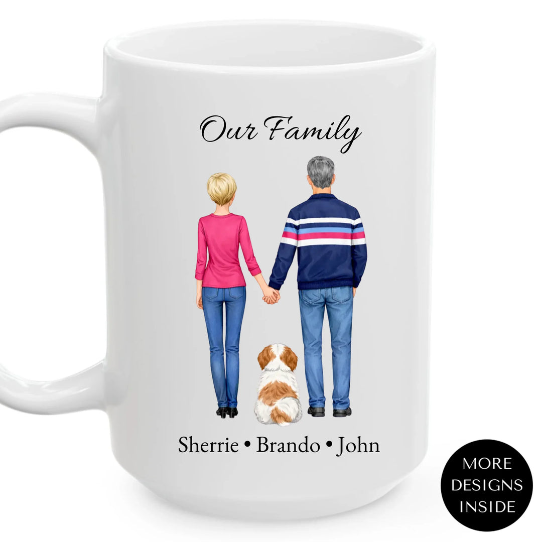 Custom illustration mug with names, personalized coffee mug featuring a custom family and pet design on a ceramic mug-ARTFULANE