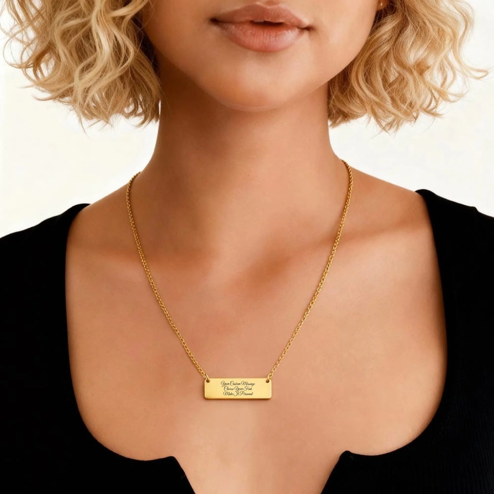 Custom Engraved Message Horizontal Bar Necklace on model with personalized text and adjustable chain in stainless steel or gold finish-ARTFULANE