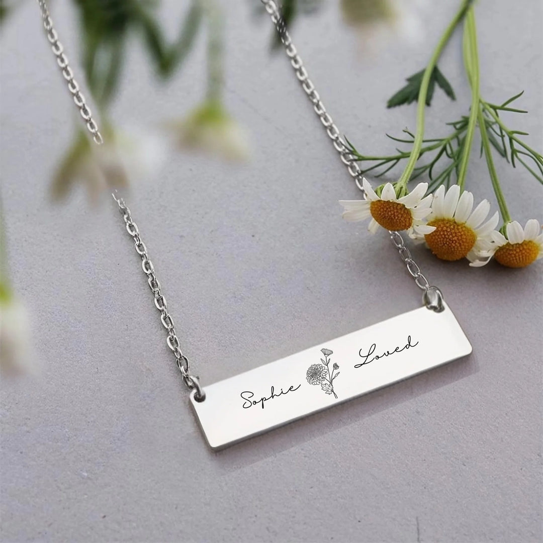Custom Birth Flower Necklace with engraved line art flower and personalized name text on horizontal bar pendant-ARTFULANE