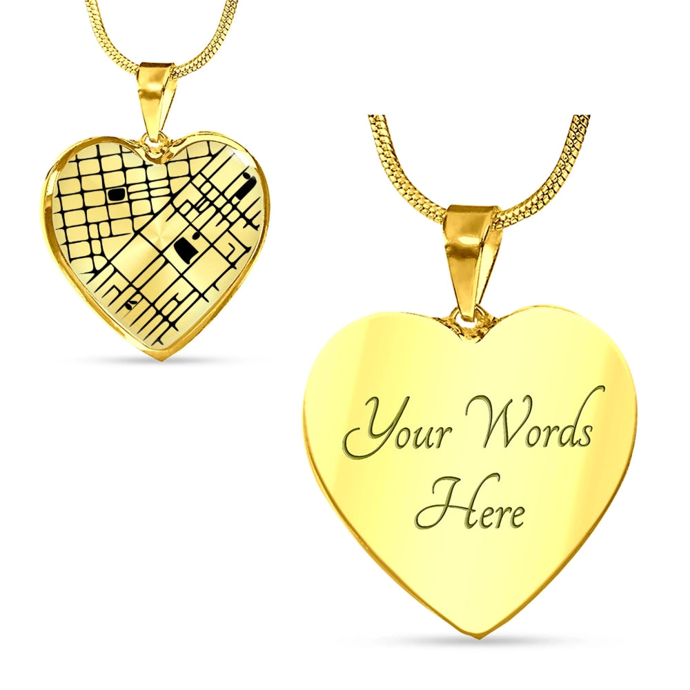 Map Heart Necklace with custom engraved location on front and personalized text on back in stainless steel or gold finish-ARTFULANE