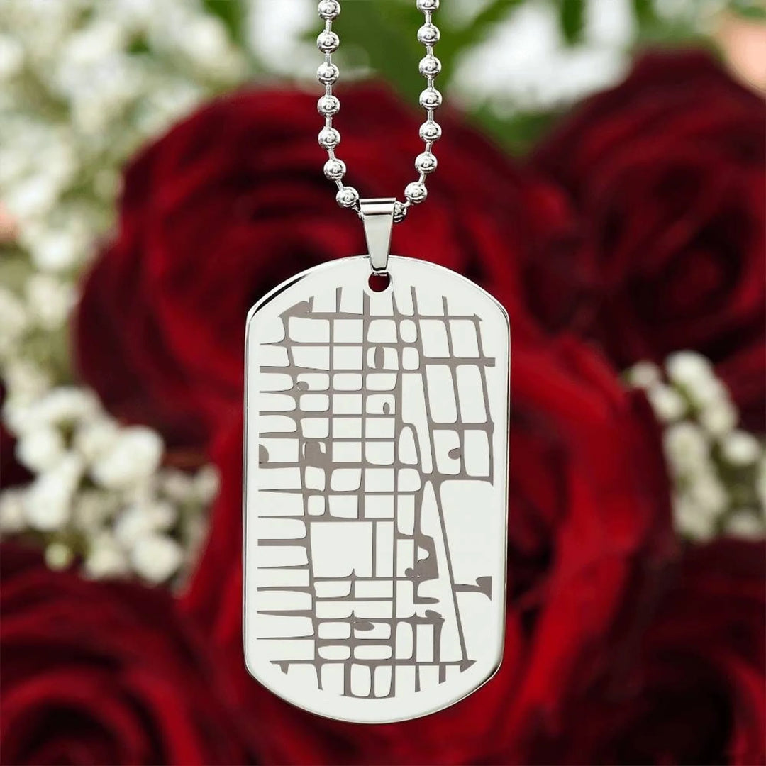 Map Dog Tag Necklace with custom engraved location on front and two-line personalized text on back in stainless steel or gold finish-ARTFULANE