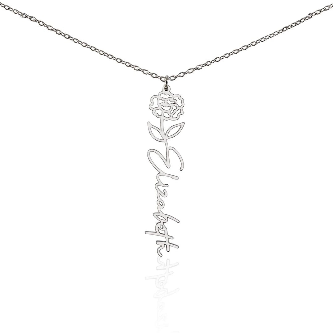 Custom Flower Name Necklace with cursive name and birth flower design on adjustable chain, personalized floral jewelry gift for her made in the USA-ARTFULANE