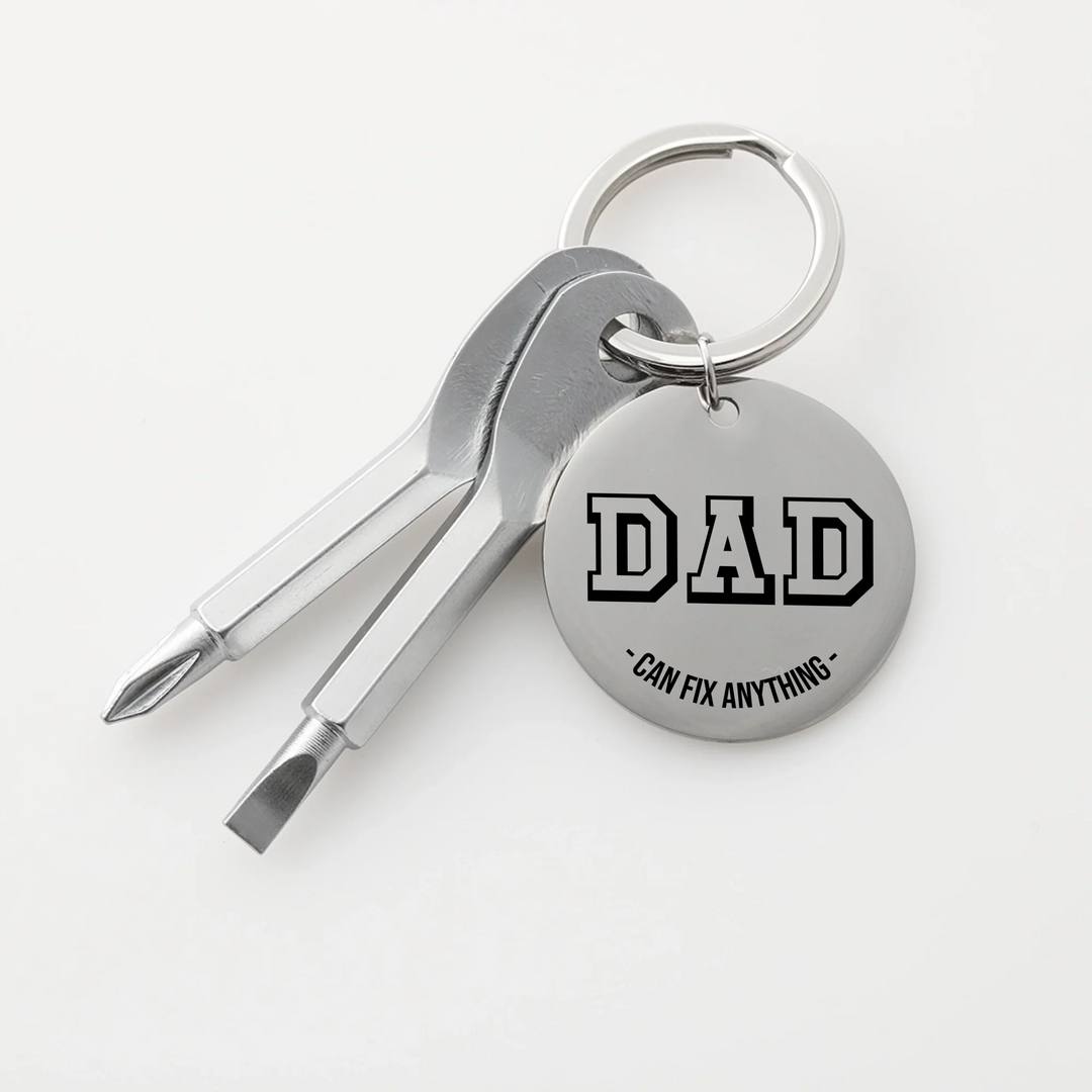 Silver Dad screwdriver keychain with custom title, subtitle, and engraved back text, classic style-ARTFULANE