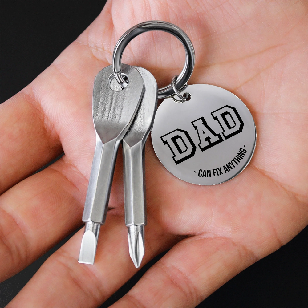 Silver Dad screwdriver keychain with custom title, subtitle, and engraved back text, classic style-ARTFULANE