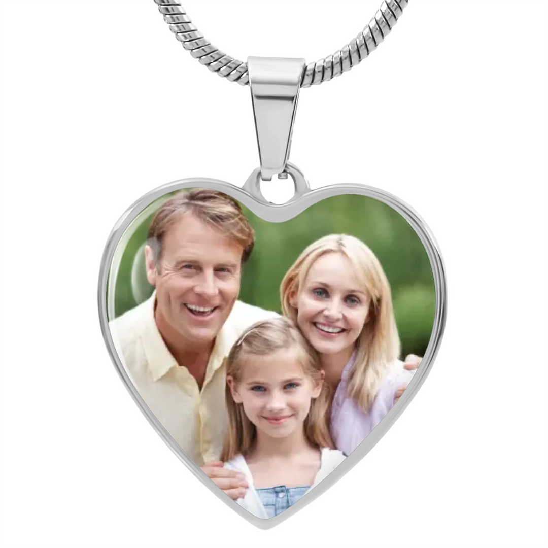 Gold and Silver Custom Heart Necklace with uploaded photo on front and two lines of engraved text on back, 18–22 inch adjustable chain-ARTFULANE