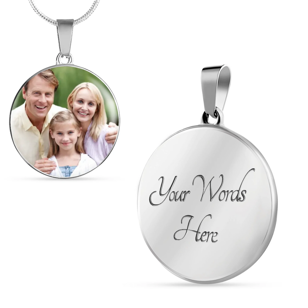 Gold or surgical steel custom circle necklace with uploaded photo on front and two lines of engraved text on back, 18–22 inch adjustable chain-ARTFULANE