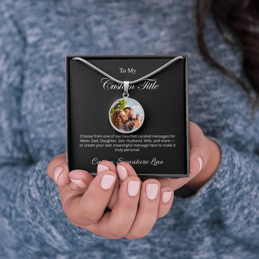 Gold or surgical steel custom circle necklace with uploaded photo on front and two lines of engraved text on back, 18–22 inch adjustable chain-ARTFULANE