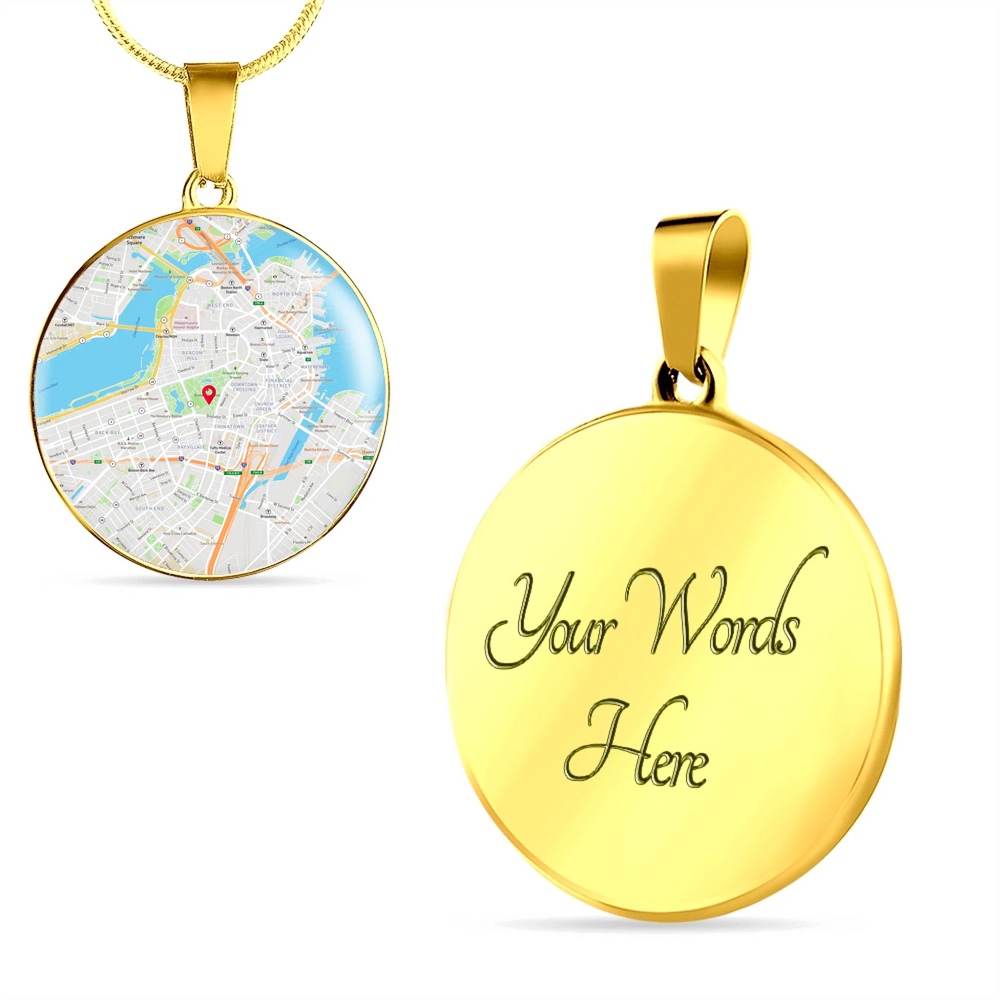 Gold or surgical steel custom circle necklace with location map on front and two lines of engraved text on back, 18–22 inch adjustable chain-ARTFULANE