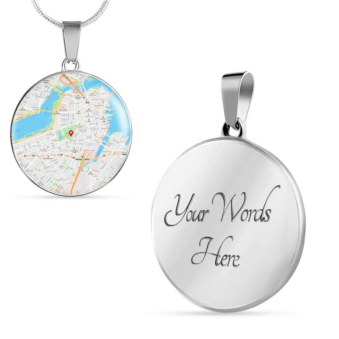 Gold or surgical steel custom circle necklace with location map on front and two lines of engraved text on back, 18–22 inch adjustable chain-ARTFULANE