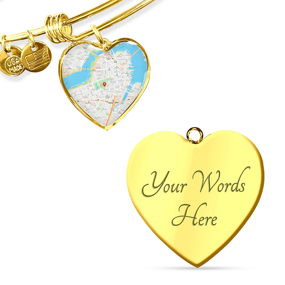 Gold and surgical steel map heart bangle bracelet with custom location map on front and engraved text on back, stretchable luxury design-ARTFULANE