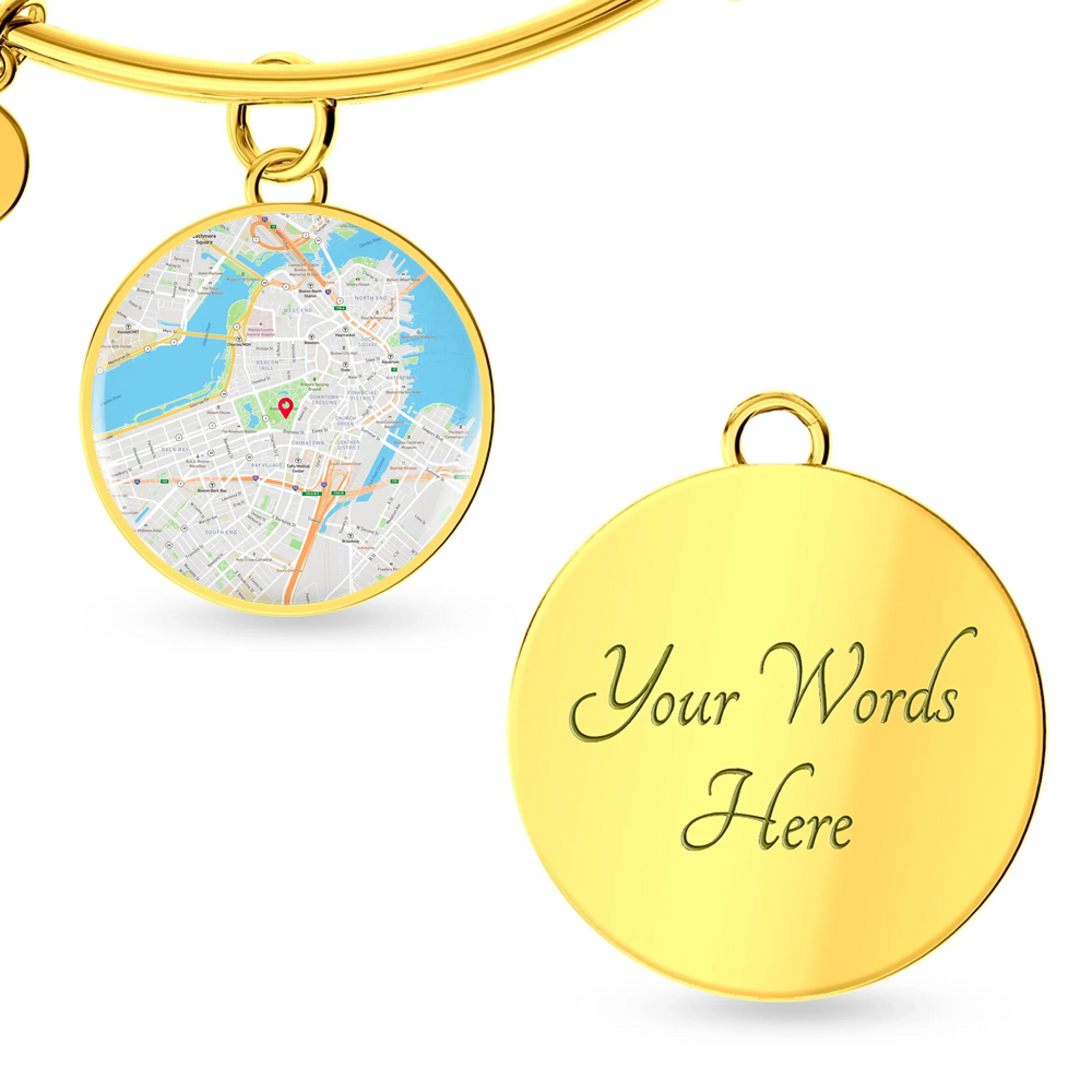 Gold and silver engraved circle bangle bracelet with custom location map pendant and personalized text engraving-ARTFULANE