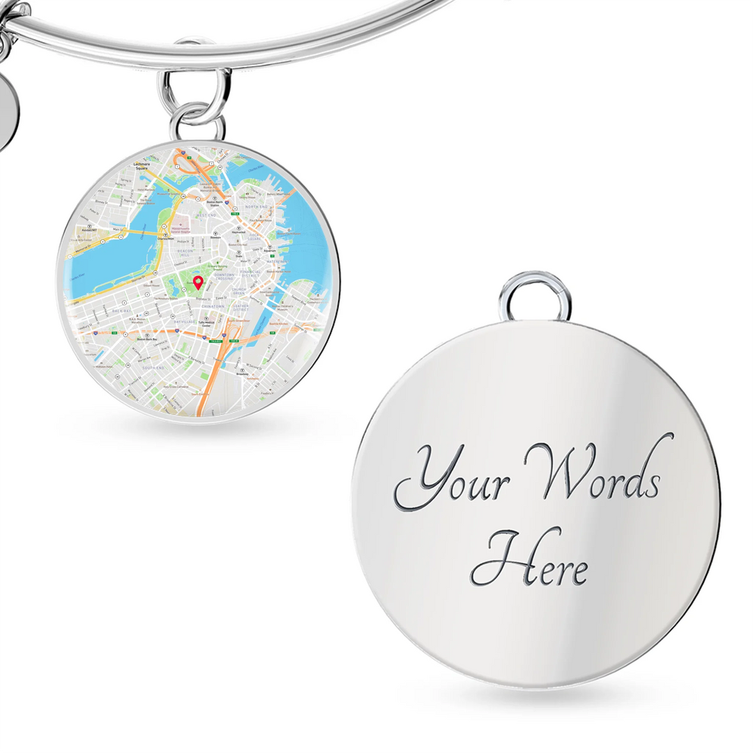 Gold and silver engraved circle bangle bracelet with custom location map pendant and personalized text engraving-ARTFULANE