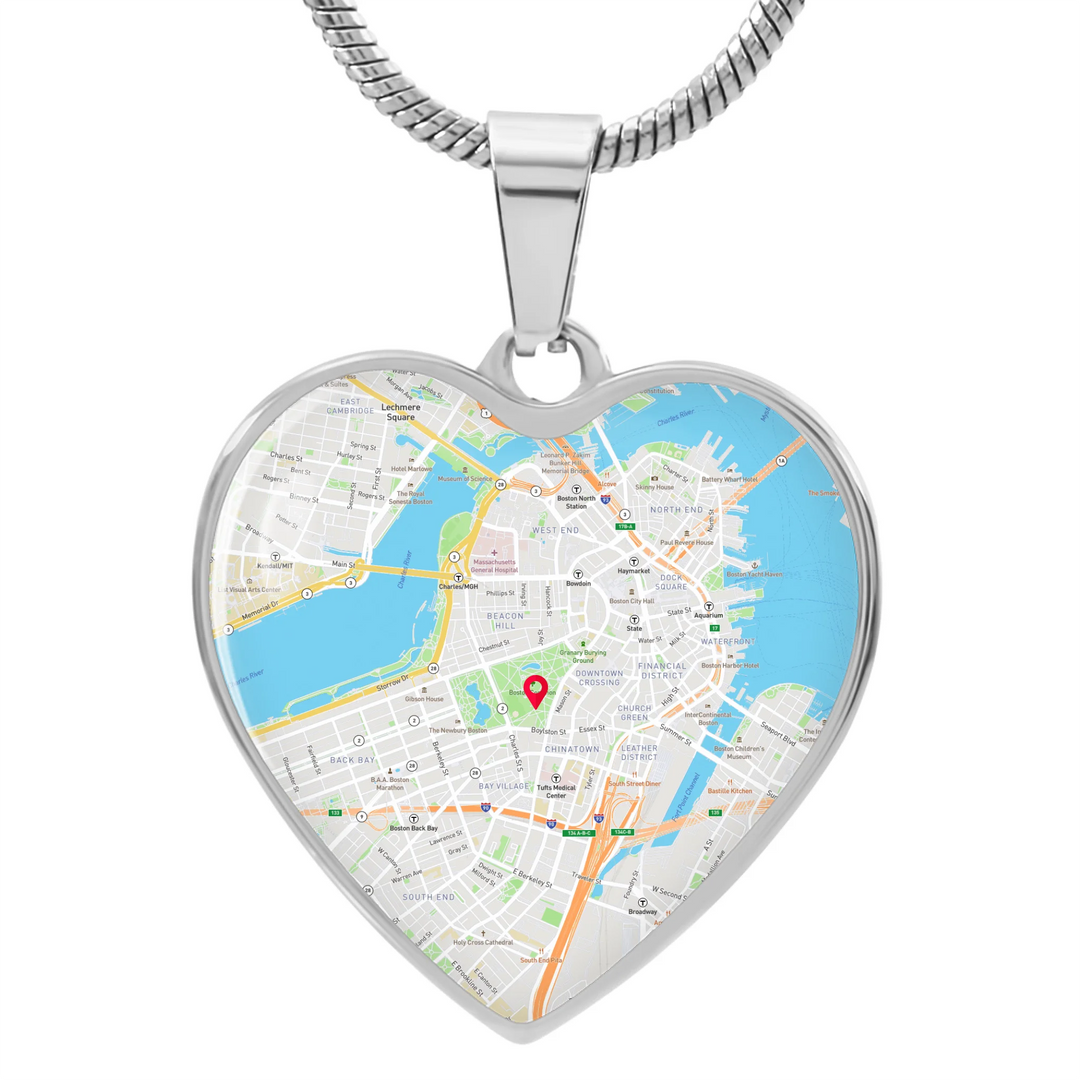 Gold and Silver Custom Heart Necklace with location map on front and two lines of engraved text on back, 18–22 inch adjustable chain-ARTFULANE