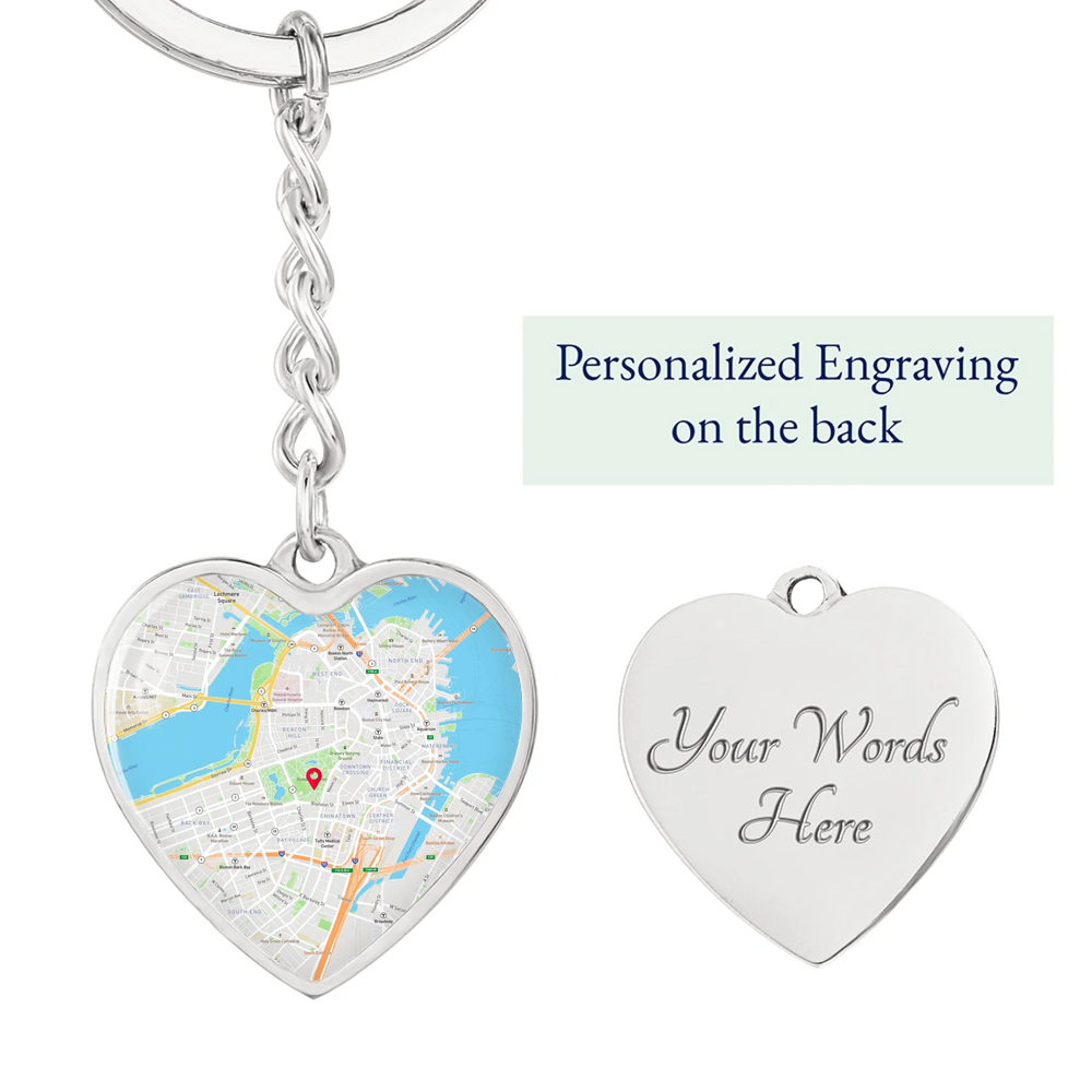 Personalized heart map keychain with custom location map on front and engraved text on back-ARTFULANE