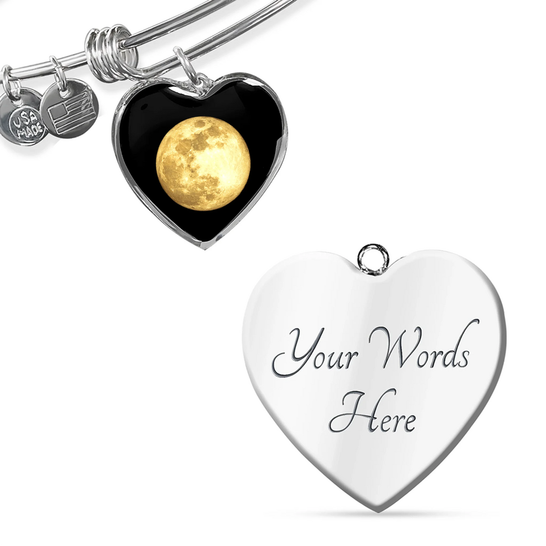 Gold and surgical steel heart bangle bracelet with custom moon phase on front and engraved text on back, stretchable luxury design-ARTFULANE