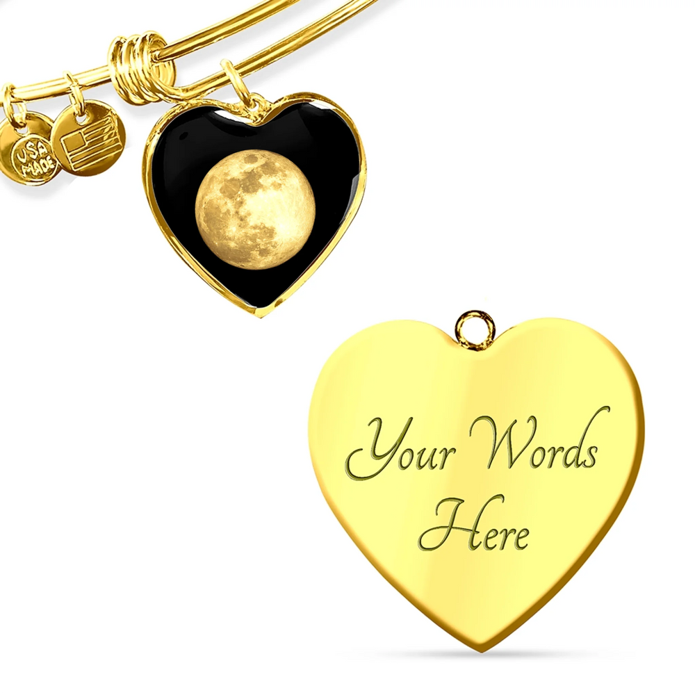 Gold and surgical steel heart bangle bracelet with custom moon phase on front and engraved text on back, stretchable luxury design-ARTFULANE