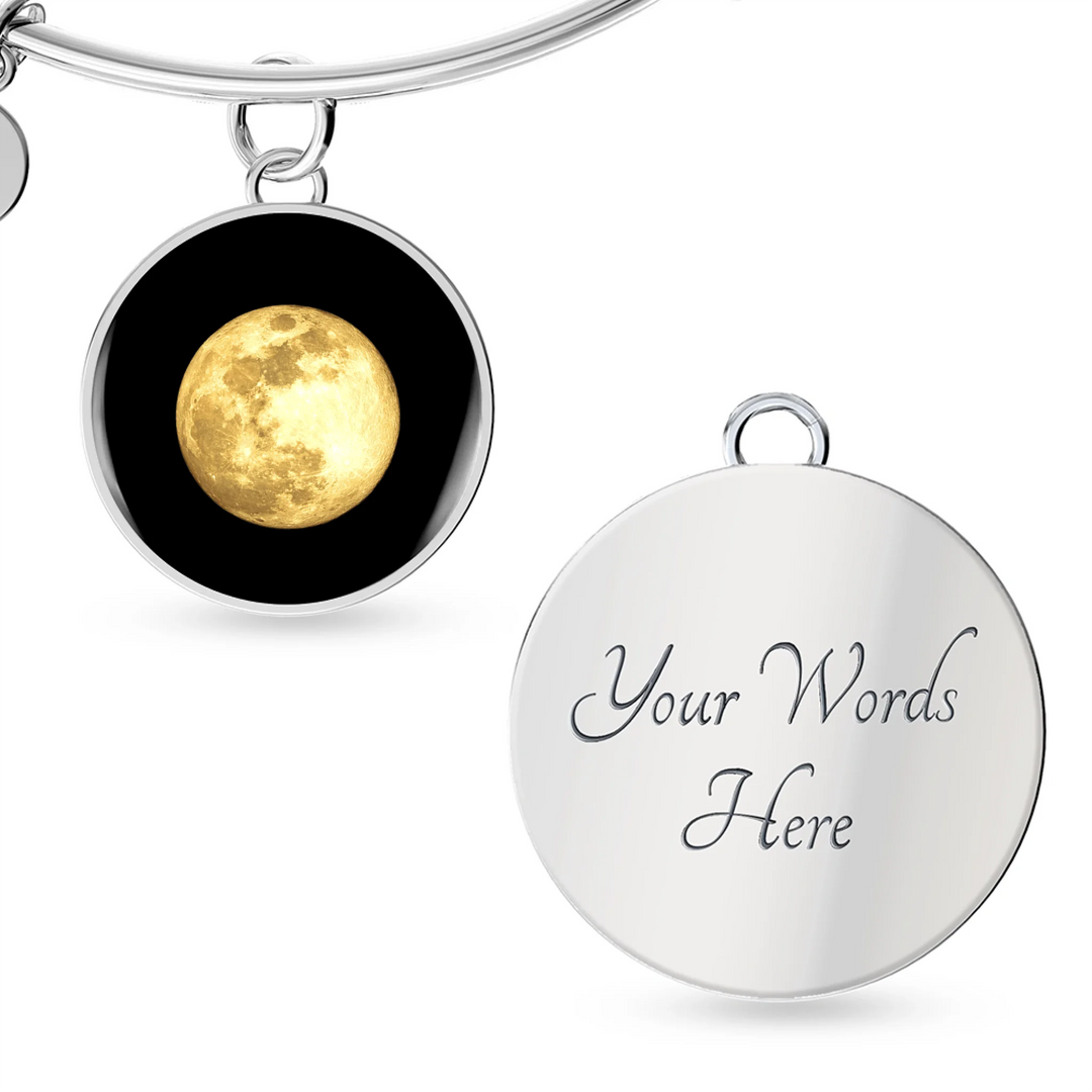 Gold and silver engraved circle bangle bracelet with custom moon phase pendant and personalized text engraving-ARTFULANE