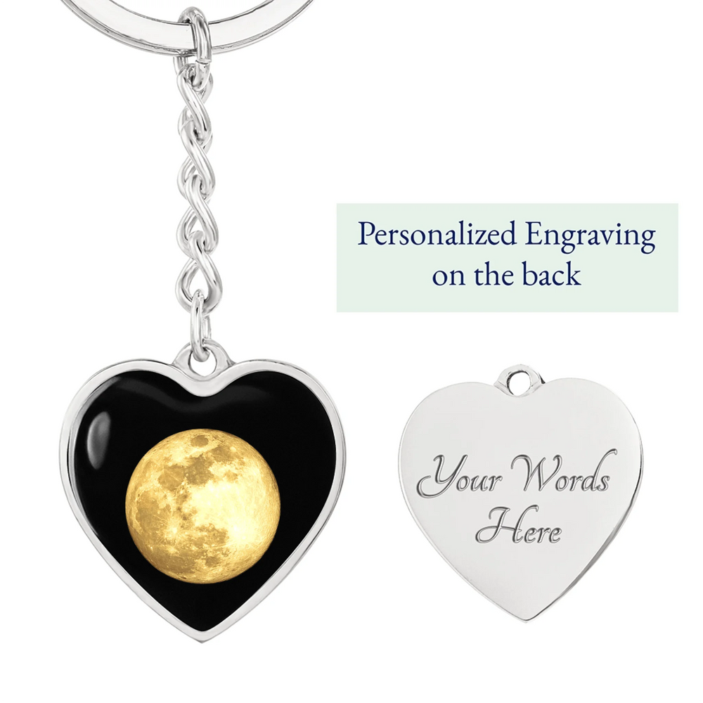 Personalized heart keychain with custom moon phase on front and engraved text on back-ARTFULANE