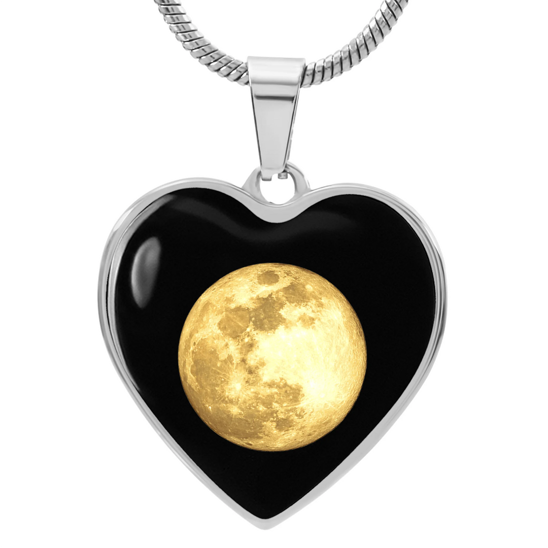 Gold and Silver Custom Heart Necklace with moon phase on front and two lines of engraved text on back, 18–22 inch adjustable chain-ARTFULANE