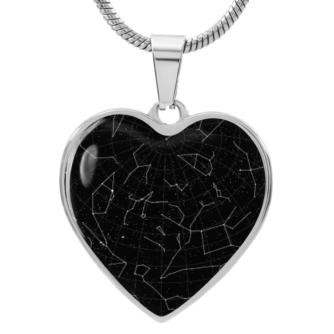 Gold and Silver Heart Necklace with custom star map night sky on front and two lines of engraved text on back, 18–22 inch adjustable chain-ARTFULANE