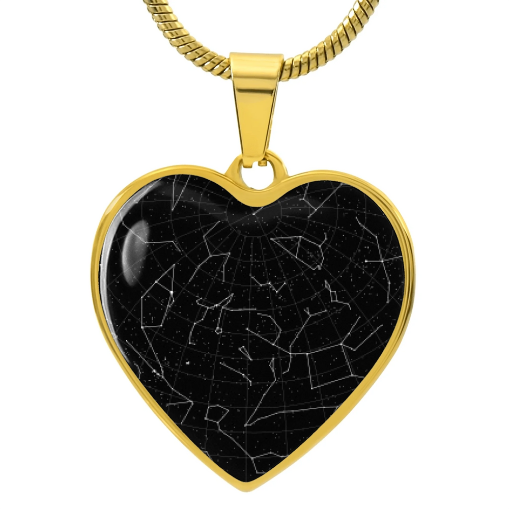 Gold and Silver Heart Necklace with custom star map night sky on front and two lines of engraved text on back, 18–22 inch adjustable chain-ARTFULANE