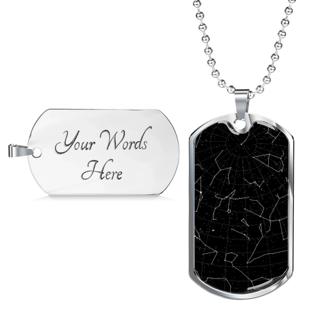 Silver dog tag necklace with custom star map night sky on front and two lines of engraved text on back, 24-inch adjustable military chain-ARTFULANE