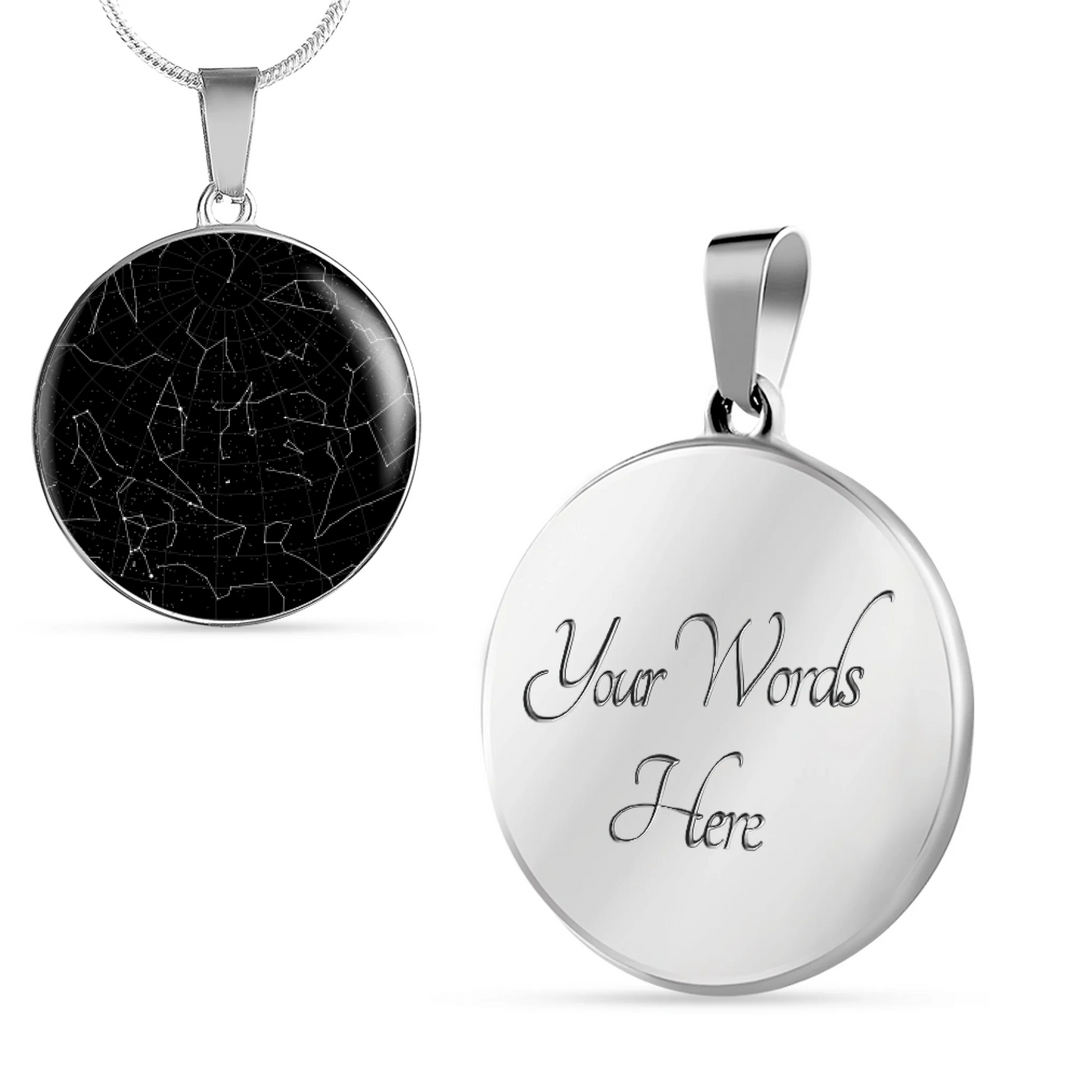 Gold or surgical steel circle necklace with custom star map night sky on front and two lines of engraved text on back, 18–22 inch adjustable chain-ARTFULANE