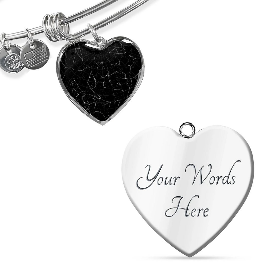 Gold and surgical steel heart bangle bracelet with custom star map night sky on front and engraved text on back, stretchable luxury design-ARTFULANE