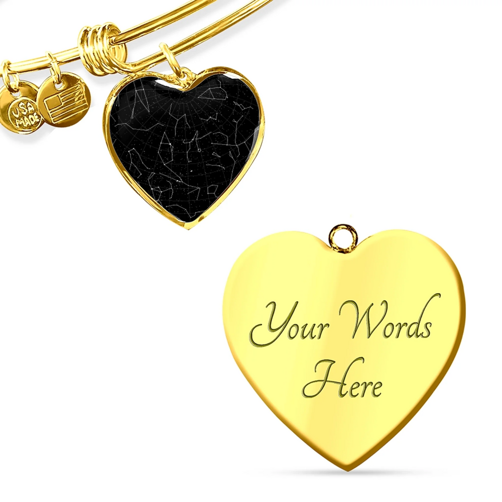 Gold and surgical steel heart bangle bracelet with custom star map night sky on front and engraved text on back, stretchable luxury design-ARTFULANE