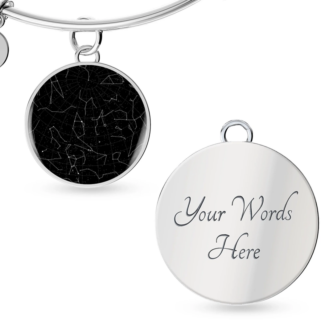 Gold and silver engraved circle bangle bracelet with custom star map night sky pendant and personalized text engraving-ARTFULANE