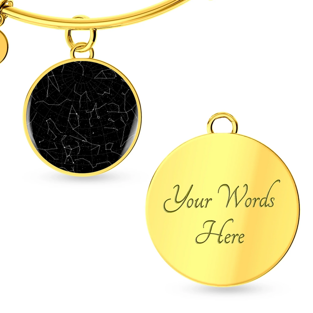 Gold and silver engraved circle bangle bracelet with custom star map night sky pendant and personalized text engraving-ARTFULANE