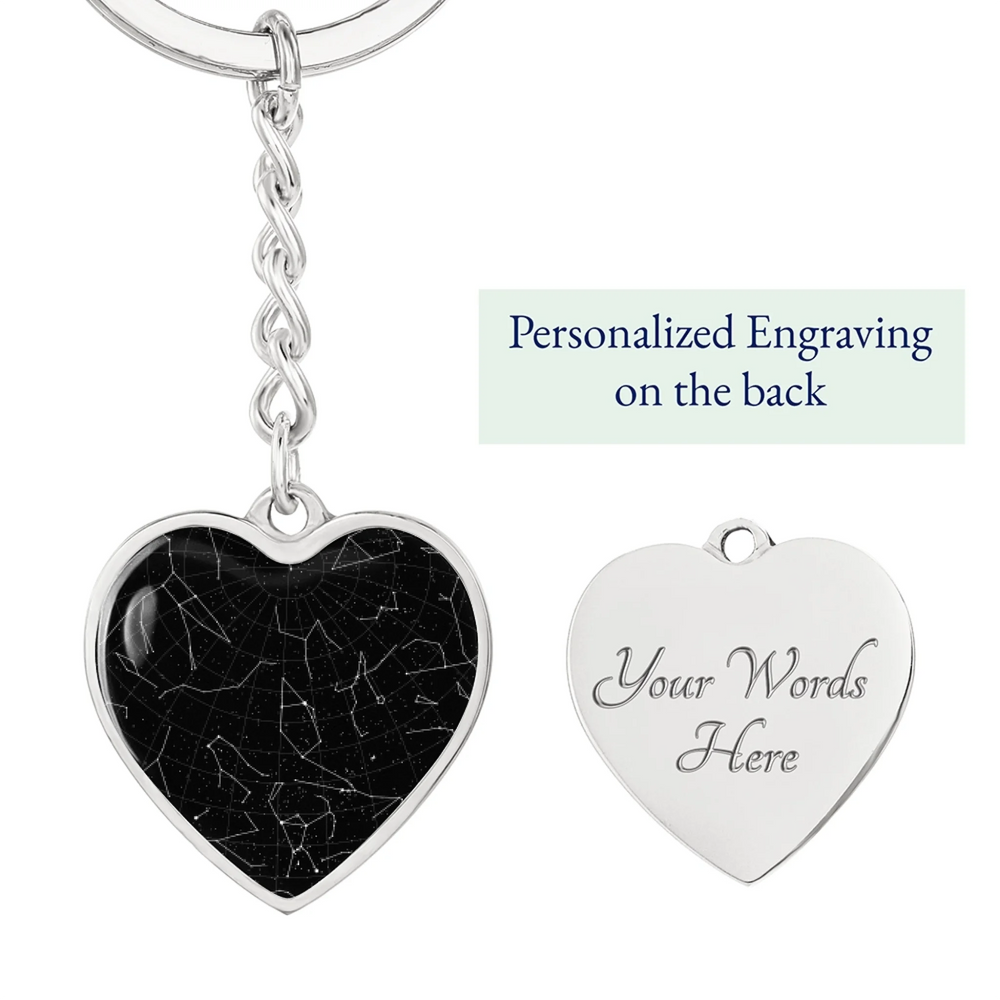 Personalized heart keychain with custom star map night sky on front and engraved text on back-ARTFULANE