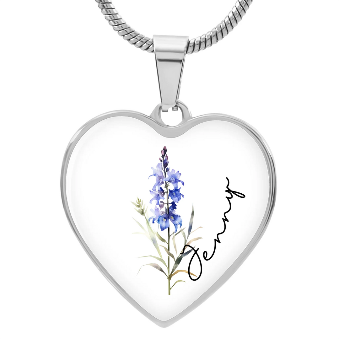 Gold and Silver Heart Necklace with custom birth month flower on front and two lines of engraved text on back, 18–22 inch adjustable chain-ARTFULANE