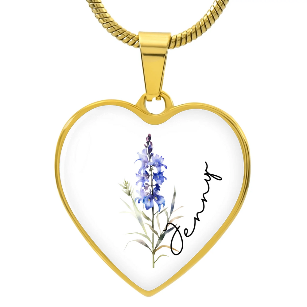 Gold and Silver Heart Necklace with custom birth month flower on front and two lines of engraved text on back, 18–22 inch adjustable chain-ARTFULANE