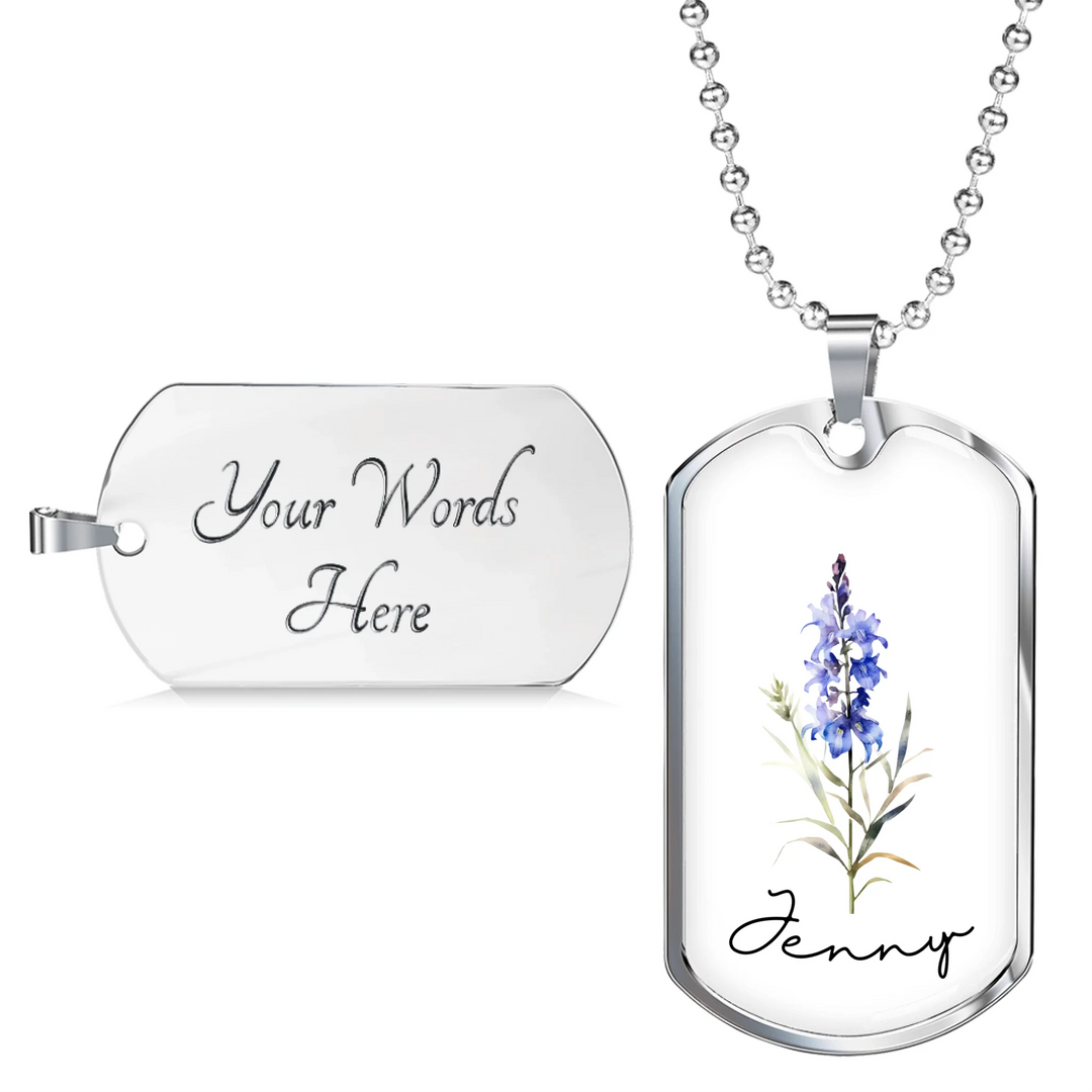 Silver dog tag necklace with custom birth month flower on front and two lines of engraved text on back, 24-inch adjustable military chain-ARTFULANE