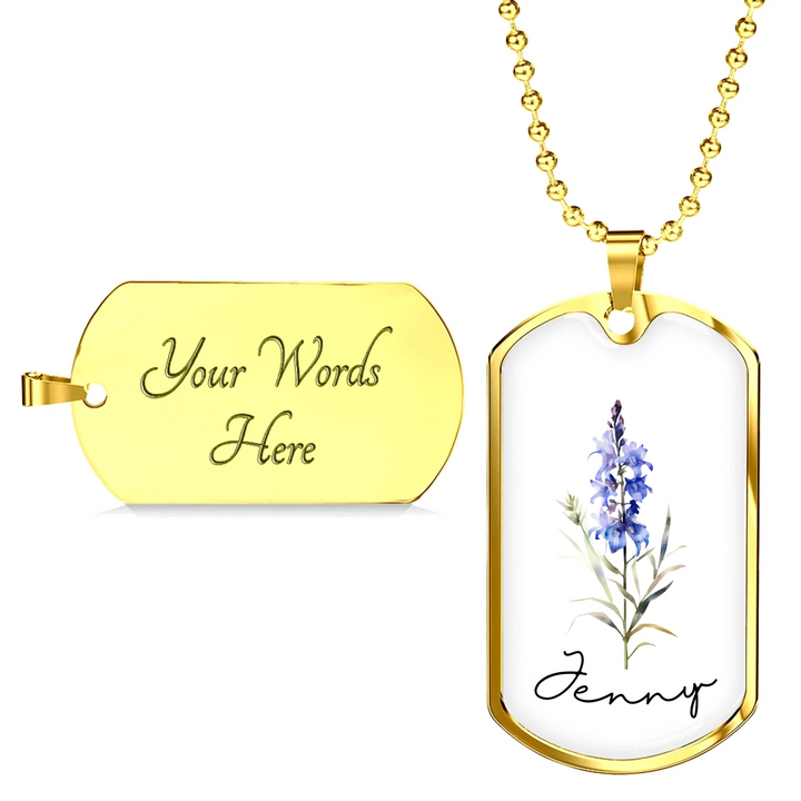 Gold dog tag necklace with custom birth month flower on front and two lines of engraved text on back, 24-inch adjustable military chain-ARTFULANE