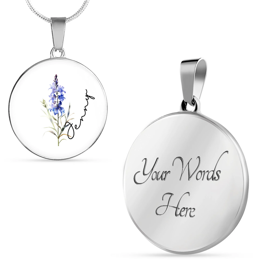 Gold or surgical steel circle necklace with custom birth month flower on front and two lines of engraved text on back, 18–22 inch adjustable chain-ARTFULANE