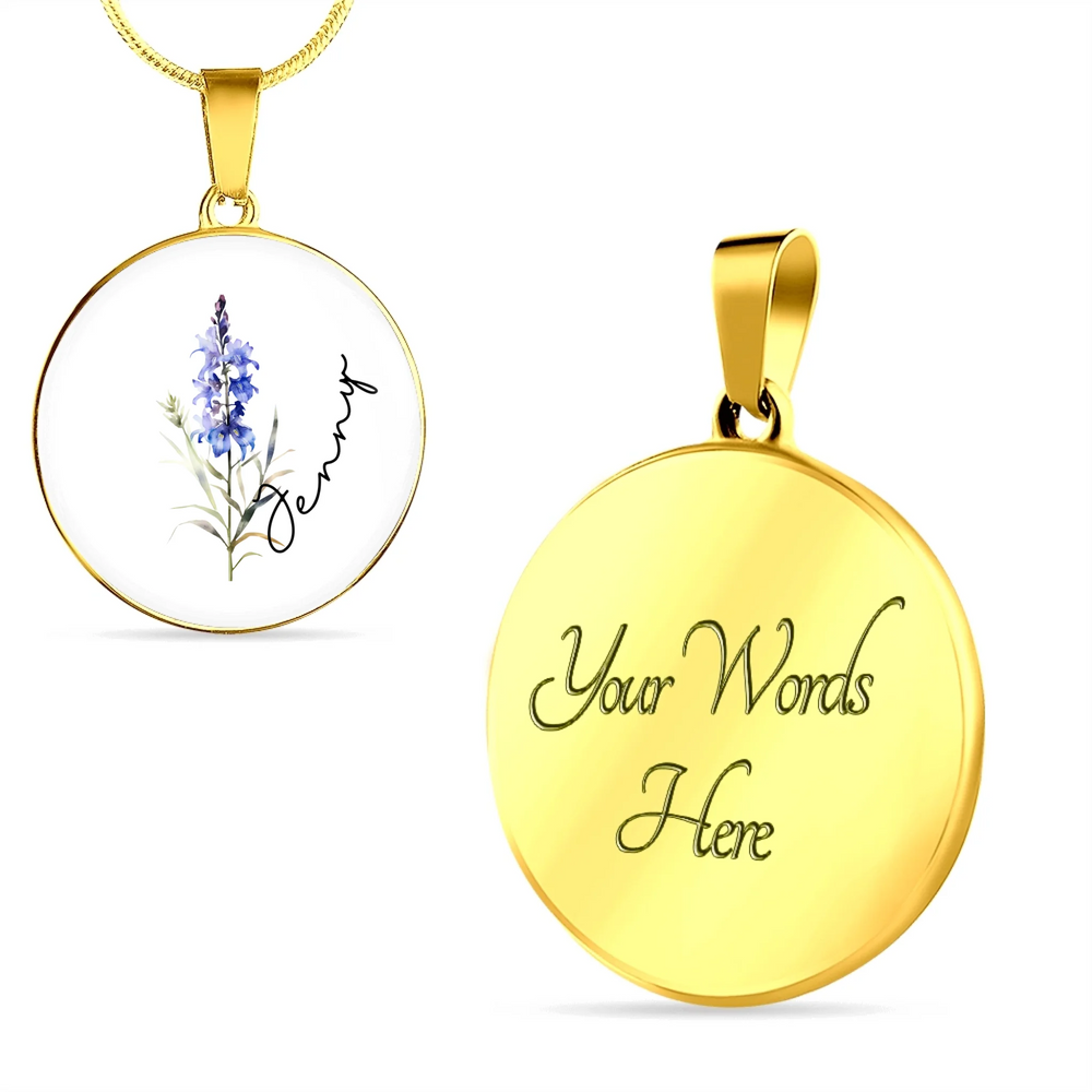 Gold or surgical steel circle necklace with custom birth month flower on front and two lines of engraved text on back, 18–22 inch adjustable chain-ARTFULANE