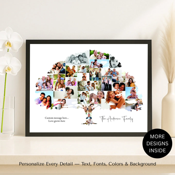 Custom Photo Family Tree Wall Art with personalized family photos and optional name and message-framed canvas on shelf-ARTFULANE