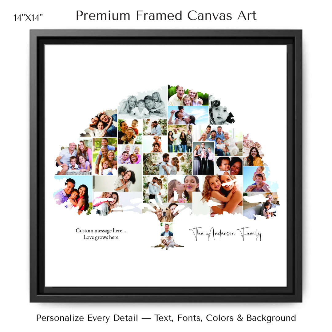 Custom Photo Family Tree Wall Art with personalized family photos and optional name and message-14x14 framed canvas-ARTFULANE
