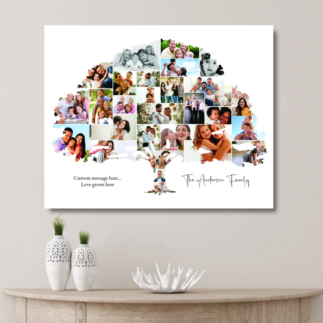 Custom Photo Family Tree Wall Art with personalized family photos and optional name and message-unframed canvas on wall-ARTFULANE