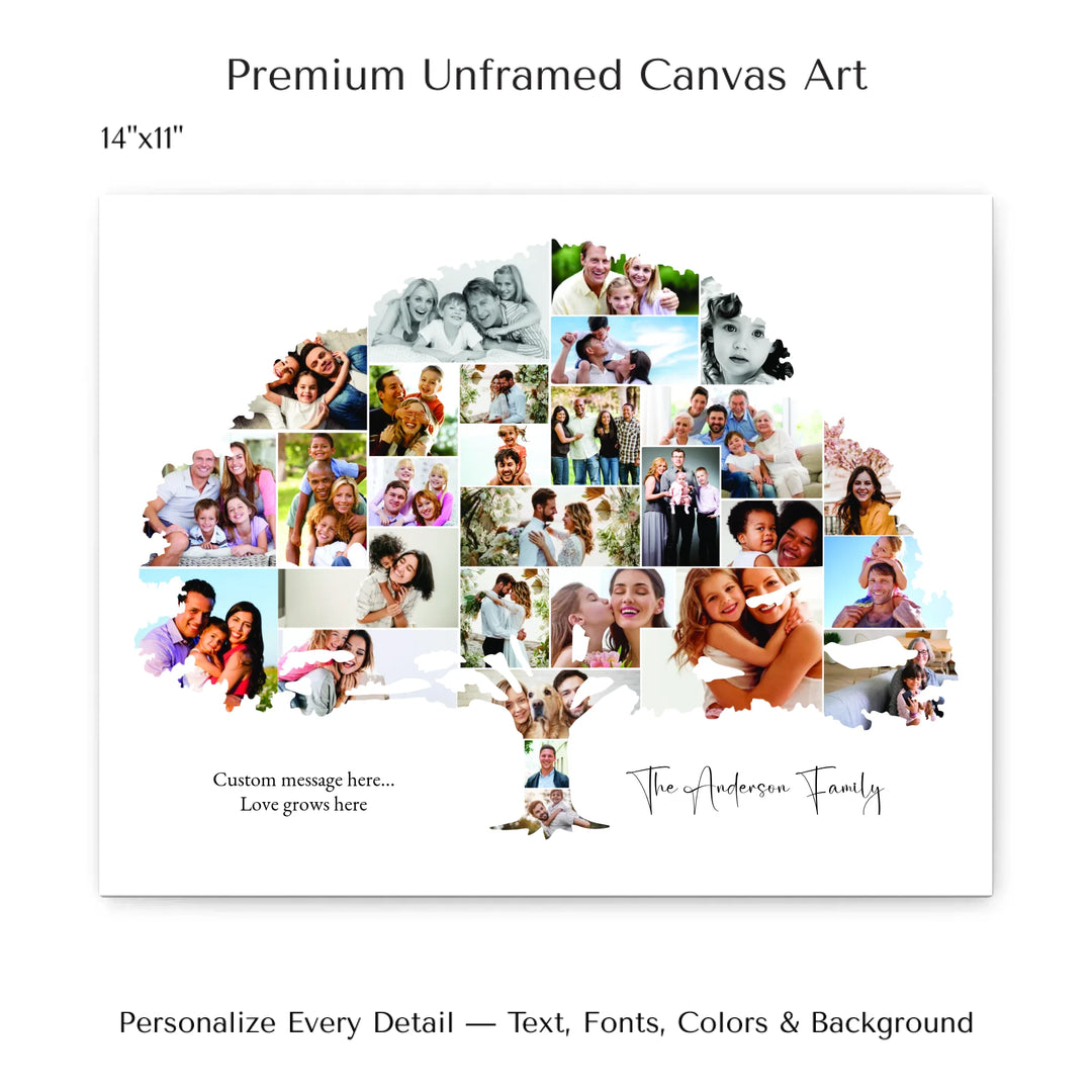 Custom Photo Family Tree Wall Art with personalized family photos and optional name and message-14x11 stretched canvas-ARTFULANE